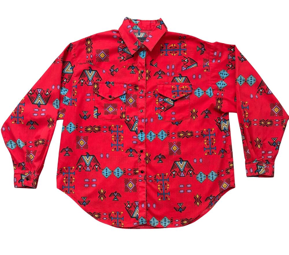 Panhandle Slim VTG 80s Men’s Red Aztec Western 50/50 Pearl Snap Shirt Size XL